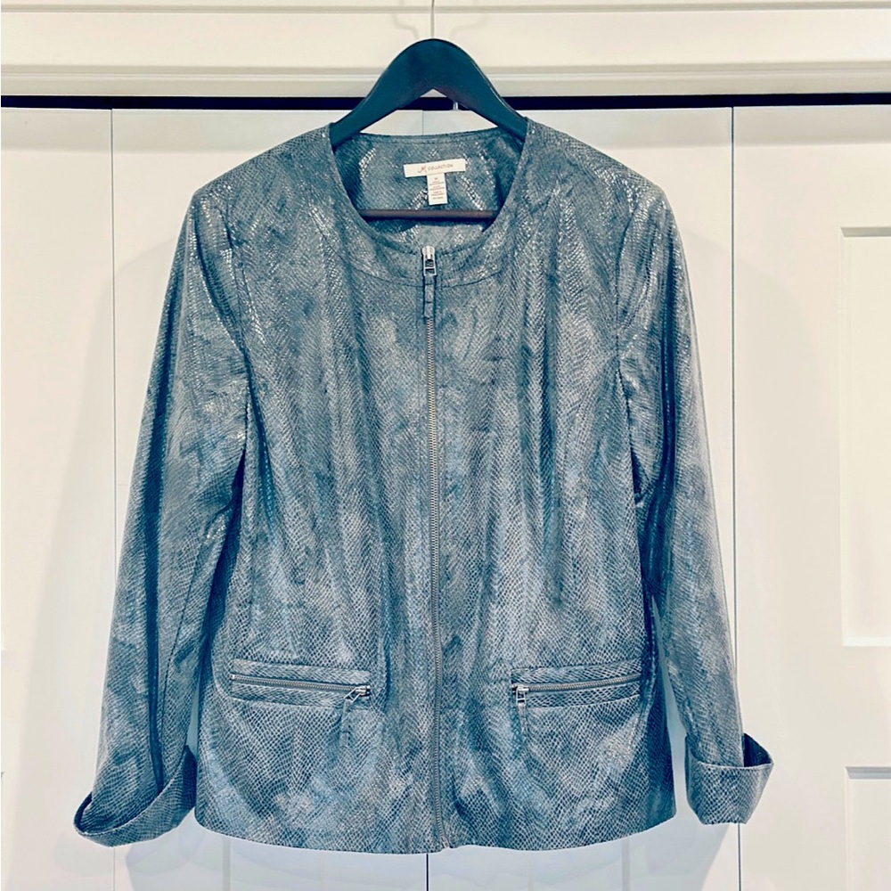Women's, jacket, faux snakeskin leather, zipper front, JM Collection Grey Sz 14